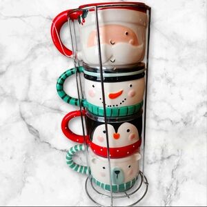 Festive Holiday Mug Set with Stand- 4 Cups- NWOT- CUTE